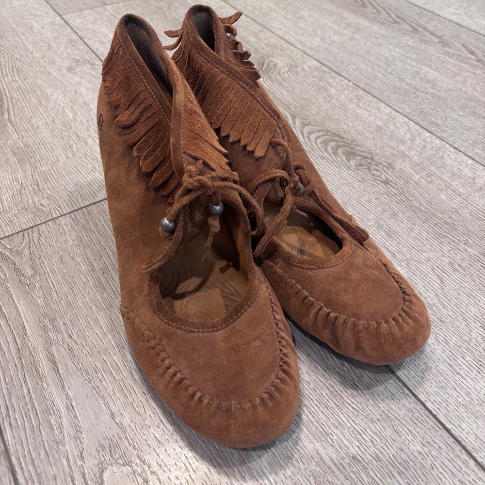 Born Suede Fringe Moccasin Heels Womens 11 Brown Lace Up Boho Western W92013